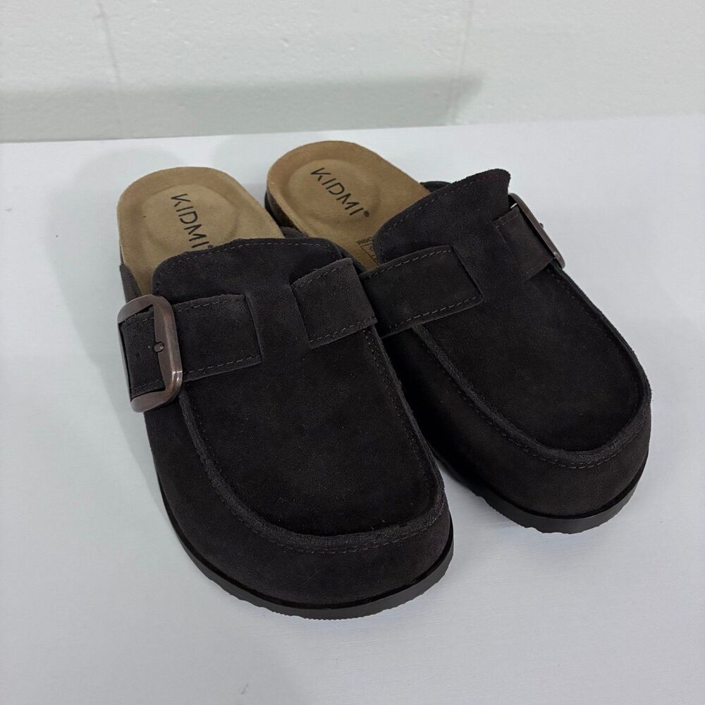 kidmi genuine suede clogs coffee brown buckle mules